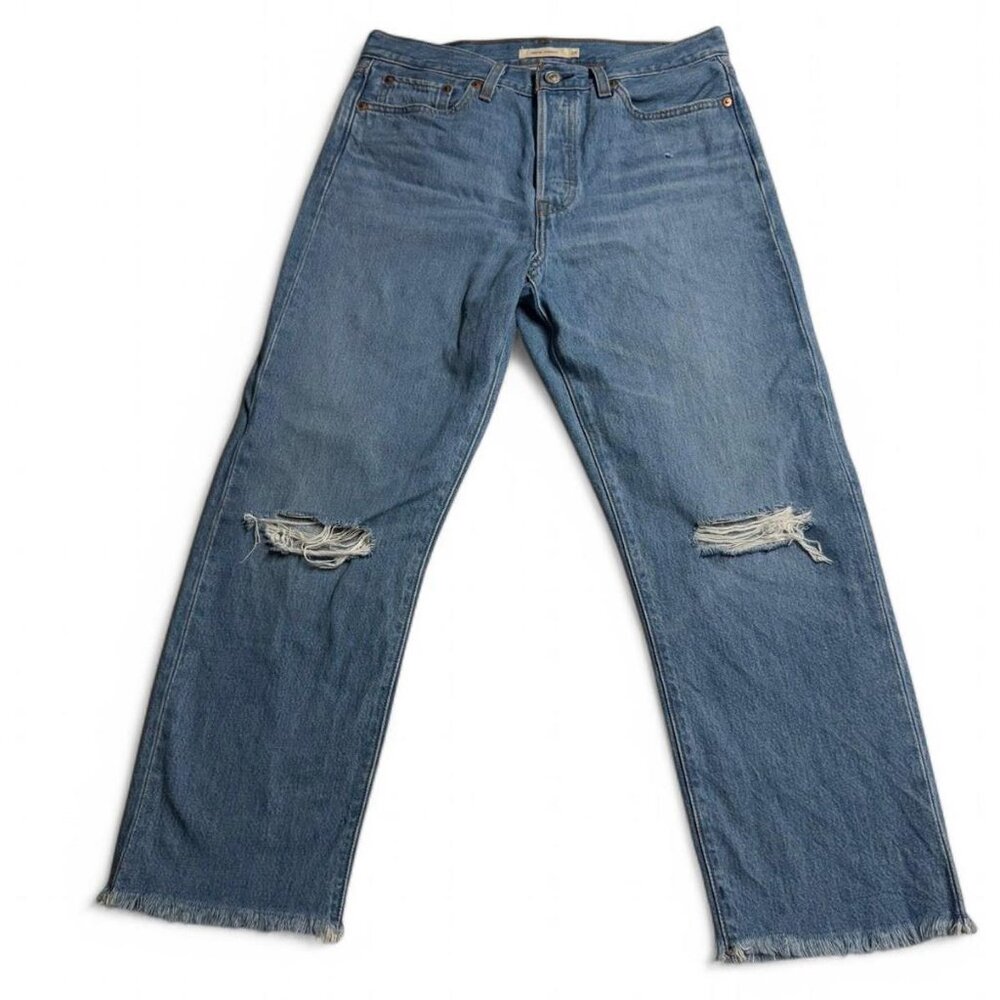 Levi's Jeans Womens Wedgie Straight Button Fly Sz 29 Blue Light Wash Distressed